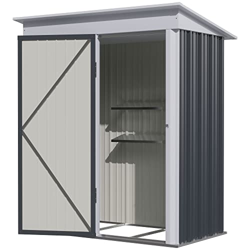 Outsunny 5' x 3' Steel Outdoor Storage Shed, Small Lean-to Shed for Garden, Tools, Tiny Metal Garage with Floor, Adjustable Shelf, Lock and Gloves for Lawn Mower, Patio, Lawn, Dark Gray