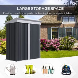 Outsunny 5' x 3' Steel Outdoor Storage Shed, Small Lean-to Shed for Garden, Tools, Tiny Metal Garage with Floor, Adjustable Shelf, Lock and Gloves for Lawn Mower, Patio, Lawn, Dark Gray