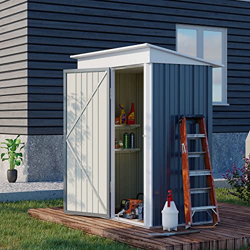 Outsunny 5' x 3' Steel Outdoor Storage Shed, Small Lean-to Shed for Garden, Tools, Tiny Metal Garage with Floor, Adjustable Shelf, Lock and Gloves for Lawn Mower, Patio, Lawn, Dark Gray