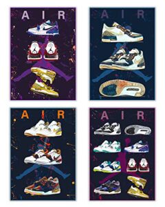 sneaker air jordan wall art poster prints set of 4 no1, shoes poster art sports, themed wall art for basketball fans boys room, shoes collection aesthetic cool poster for teen boys guys men room dorm bedroom wall decor size 11.7×16.5 inch unframed (sneake