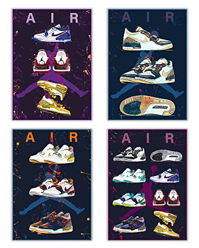 Sneaker Air Jordan Wall Art Poster Prints Set of 4 No1, Shoes Poster Art Sports, Themed Wall Art For Basketball fans Boys Room, Shoes Collection Aesthetic Cool Poster for Teen Boys Guys Men Room Dorm Bedroom Wall Decor Size 11.7x16.5 inch UNFRAMED (Sneake