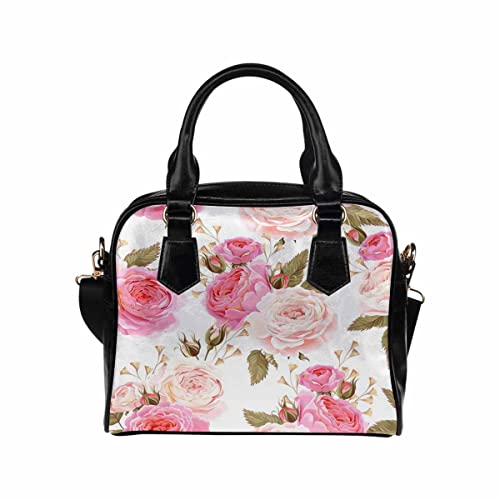 InterestPrint English Rose Leather Shoulder Handbag Beach Tote Clutch Bag Clutch Purse Crossbody Bags for Women