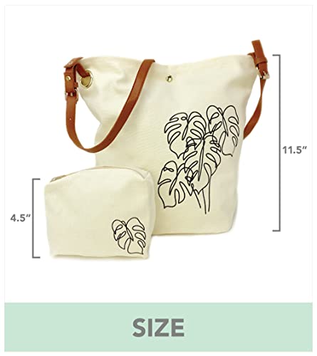 Monstera Canvas Crossbody Tote Bag & Zipper Pouch, Shoulder Tote Bag, Plant Lover Gifts For Women