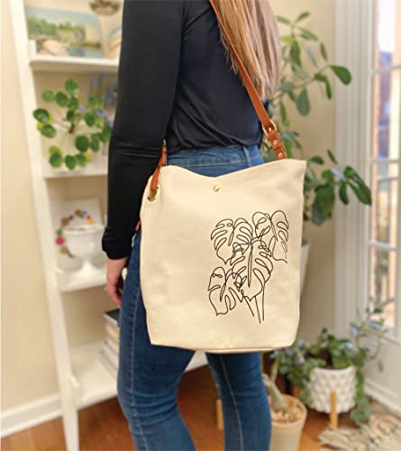 Monstera Canvas Crossbody Tote Bag & Zipper Pouch, Shoulder Tote Bag, Plant Lover Gifts For Women