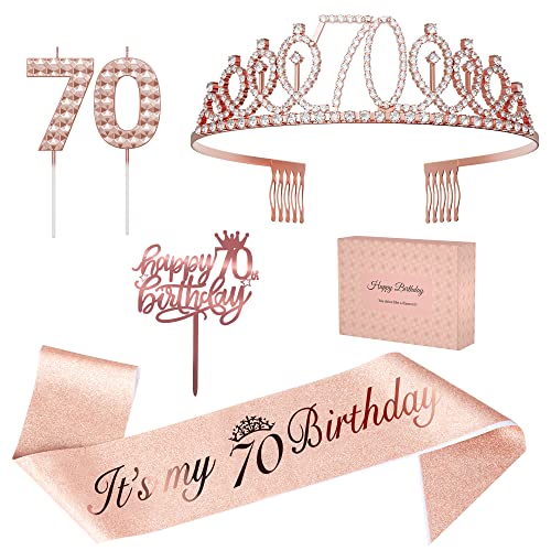 70th Birthday Decorations for Women, 70th Birthday Sash,Tiara, 70th Candles and Happy Birthday Cake Toppers, Rose Gold 70th Birthday Gifts Set