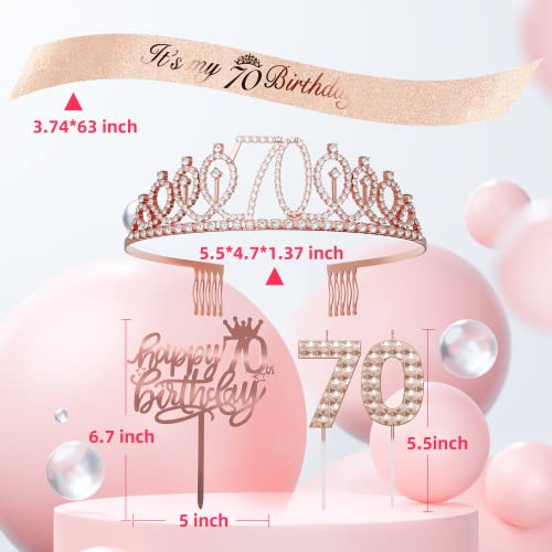 70th Birthday Decorations for Women, 70th Birthday Sash,Tiara, 70th Candles and Happy Birthday Cake Toppers, Rose Gold 70th Birthday Gifts Set