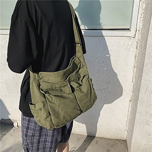 Wmannas Grunge y2k Tote Canvas Hobo Bag Crossbody Bag Casual School Tote Bag for Women and Men, Army Green