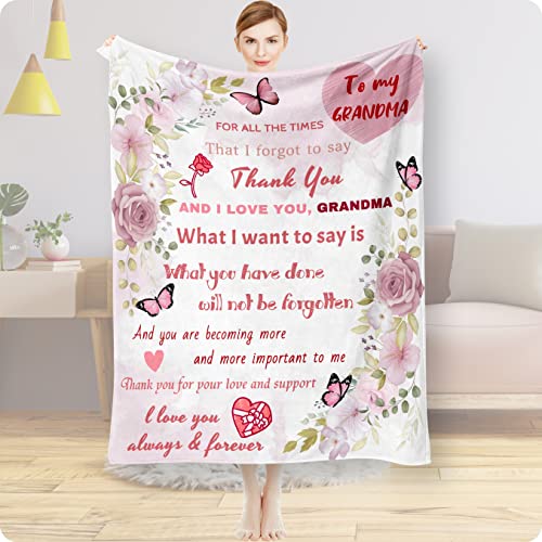 Grandma Blanket Mother's Day Throw Blanket Flower Butterfly Soft Flannel Lightweight Travel Plush Blankets Gifts from Granddaughter Grandson 40x50inch I Love You Grandma