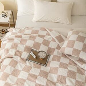 Ultra Soft Cozy Buffalo Checkerboard Grid Fluffy Microfiber Knitted Throw Blanket Lightweight Fleece Checkered Blanket for Sofa Couch Bed Travel Cream 51"X63"