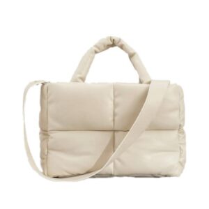 small quilted puffer shoulder bag, pu cotton padded designer handbags, winter soft tote bag crossbody bag (white)