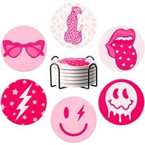 kirako preppy drink coasters with holder, set of 6 smile lip lightning bolt leopard vintage glasses anti slip absorbent ceramic cork base aesthetic home decor housewarming gifts, 4 inch, pink