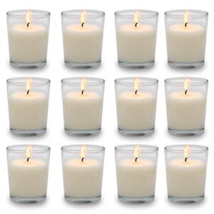 set of 12 white votive candles, clear glass filled unscented soy wax candle for home décor weddings spa holidays party and diy