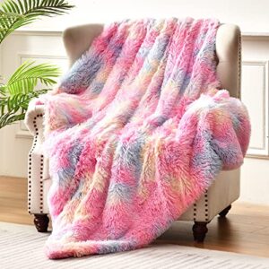 exclusivo mezcla super soft fuzzy faux fur throw blanket, fluffy plush cozy reversible shaggy sherpa fleece blankets and warm throws for couch sofa bed, 50×60 inches, rainbow