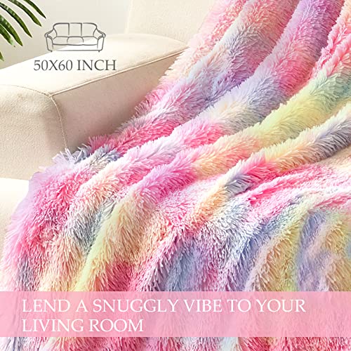 Exclusivo Mezcla Super Soft Fuzzy Faux Fur Throw Blanket, Fluffy Plush Cozy Reversible Shaggy Sherpa Fleece Blankets and Warm Throws for Couch Sofa Bed, 50x60 inches, Rainbow