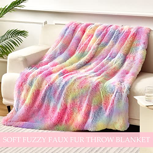 Exclusivo Mezcla Super Soft Fuzzy Faux Fur Throw Blanket, Fluffy Plush Cozy Reversible Shaggy Sherpa Fleece Blankets and Warm Throws for Couch Sofa Bed, 50x60 inches, Rainbow