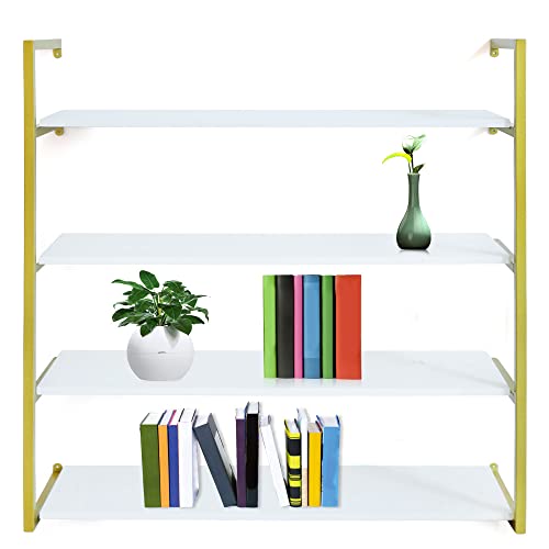 TBVECHI Wall Mounted Floating Shelves 4-Tier Gold Floating Display Shelves Connected Wood Shelf with Iron Frame Storage Shelves for Living Room Office Kitchen Bedroom Decor, Gold+White