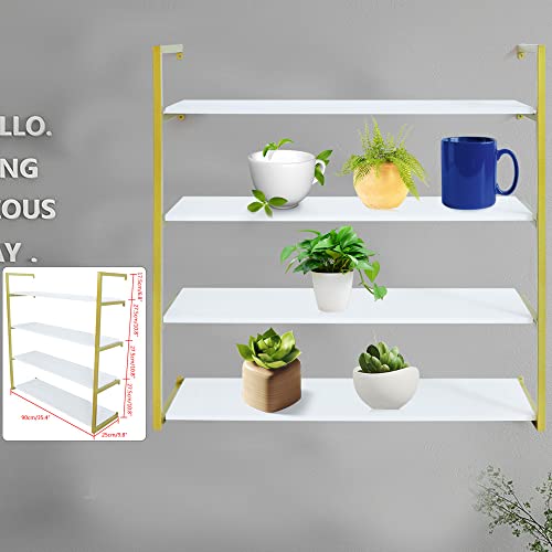 TBVECHI Wall Mounted Floating Shelves 4-Tier Gold Floating Display Shelves Connected Wood Shelf with Iron Frame Storage Shelves for Living Room Office Kitchen Bedroom Decor, Gold+White