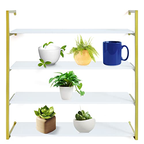 TBVECHI Wall Mounted Floating Shelves 4-Tier Gold Floating Display Shelves Connected Wood Shelf with Iron Frame Storage Shelves for Living Room Office Kitchen Bedroom Decor, Gold+White