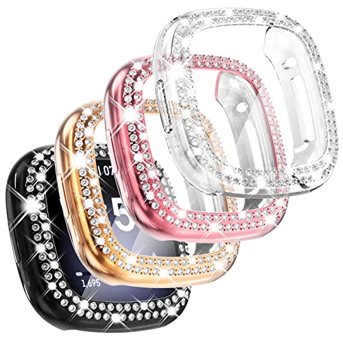 CHANCHY 4 Pack Compatible with Fitbit Versa 3 Screen Protector Case, Soft TPU Full Protective Case Cover Bumper Bling Crystal Diamond Frame for Fitbit Versa 3 Smart Watch, Rose Gold/Pink/Clear/Black