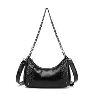 women black shoulder bag with chain strap, classic hobo crossbody purse small studded shoulder handbag clutch purse