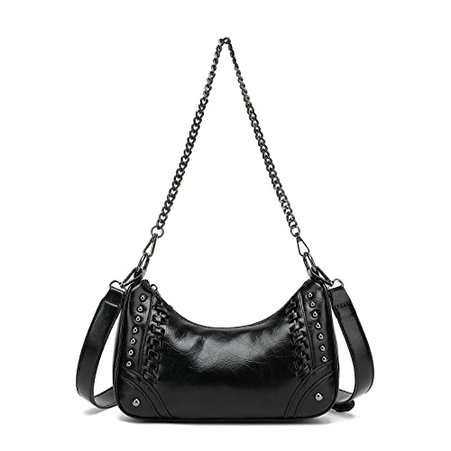 Women Black Shoulder Bag with Chain Strap, Classic Hobo Crossbody Purse Small Studded Shoulder Handbag Clutch Purse