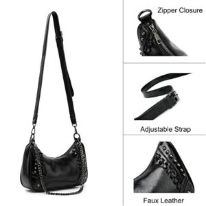 Women Black Shoulder Bag with Chain Strap, Classic Hobo Crossbody Purse Small Studded Shoulder Handbag Clutch Purse