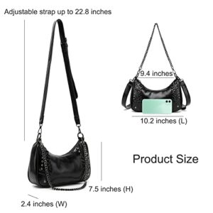 Women Black Shoulder Bag with Chain Strap, Classic Hobo Crossbody Purse Small Studded Shoulder Handbag Clutch Purse