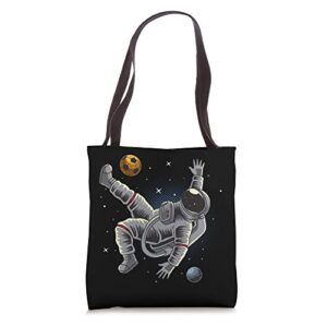 astronaut soccer on space planets moon stars astronaut tote bag