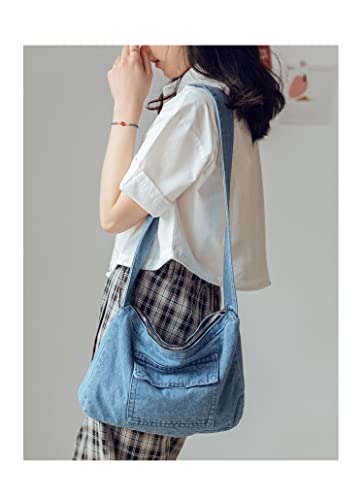 Retro Denim Shoulder Bag, Large Capacity Hobo Crossbody Shoulder Bag, Aesthetic Handbag Fairy Grunge Tote Bag (Dark Blue)