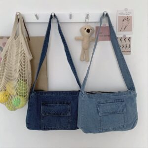 Retro Denim Shoulder Bag, Large Capacity Hobo Crossbody Shoulder Bag, Aesthetic Handbag Fairy Grunge Tote Bag (Dark Blue)