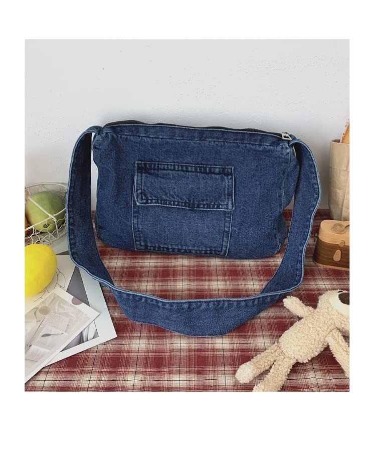 Retro Denim Shoulder Bag, Large Capacity Hobo Crossbody Shoulder Bag, Aesthetic Handbag Fairy Grunge Tote Bag (Dark Blue)