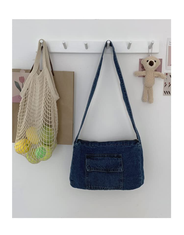 Retro Denim Shoulder Bag, Large Capacity Hobo Crossbody Shoulder Bag, Aesthetic Handbag Fairy Grunge Tote Bag (Dark Blue)