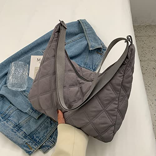 Women Hobo Shoulder Bag Puffer Small Tote Crossbody Bag Purse Cotton Handmade Bags Handbag with Zipper School Work Travel Grey