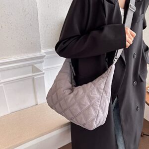 Women Hobo Shoulder Bag Puffer Small Tote Crossbody Bag Purse Cotton Handmade Bags Handbag with Zipper School Work Travel Grey