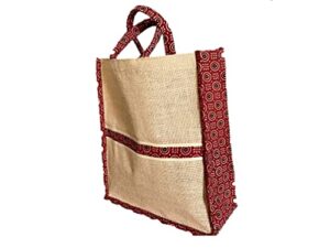 stylish hand made jute bags – unique bag designs (supports under privileged women), beige with red or yellow accents