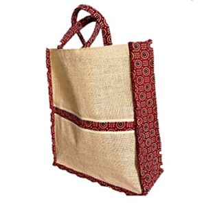 Stylish Hand made Jute Bags - Unique bag designs (supports under privileged women), Beige With Red Or Yellow Accents