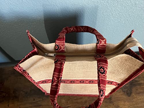 Stylish Hand made Jute Bags - Unique bag designs (supports under privileged women), Beige With Red Or Yellow Accents