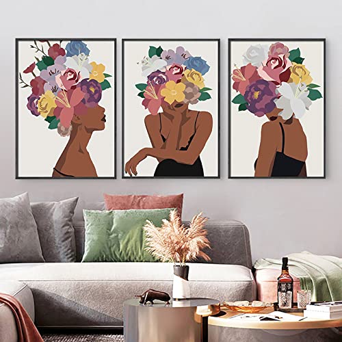 African American Wall Art Set of 3 Flower Black Women Head Wall Prints Fashion Black Skin Girl Canvas Painting Pictures Unframed Modern Decorative Artwork Posters for Bedroom Living Room Wall Decor