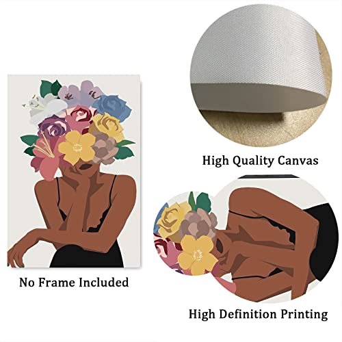 African American Wall Art Set of 3 Flower Black Women Head Wall Prints Fashion Black Skin Girl Canvas Painting Pictures Unframed Modern Decorative Artwork Posters for Bedroom Living Room Wall Decor