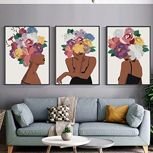 African American Wall Art Set of 3 Flower Black Women Head Wall Prints Fashion Black Skin Girl Canvas Painting Pictures Unframed Modern Decorative Artwork Posters for Bedroom Living Room Wall Decor