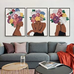 African American Wall Art Set of 3 Flower Black Women Head Wall Prints Fashion Black Skin Girl Canvas Painting Pictures Unframed Modern Decorative Artwork Posters for Bedroom Living Room Wall Decor