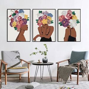 African American Wall Art Set of 3 Flower Black Women Head Wall Prints Fashion Black Skin Girl Canvas Painting Pictures Unframed Modern Decorative Artwork Posters for Bedroom Living Room Wall Decor