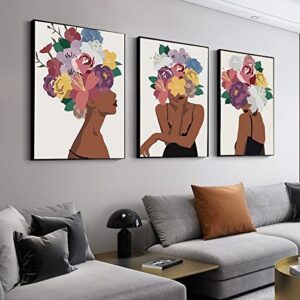 African American Wall Art Set of 3 Flower Black Women Head Wall Prints Fashion Black Skin Girl Canvas Painting Pictures Unframed Modern Decorative Artwork Posters for Bedroom Living Room Wall Decor