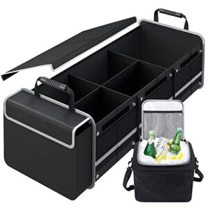 car trunk organizer,heavy duty collapsible car trunk storage organizer, with insulated leakproof cooler bag car cargo trunk organizer with lid, 3 compartments, with straps for for car suv/jeep/sedan