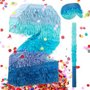 number 2 pinata with stick blindfold confetti, gradient blue pinata for kids 2nd birthday party large blue pinata for boys girls birthday anniversary celebration decoration supplies (number 2)