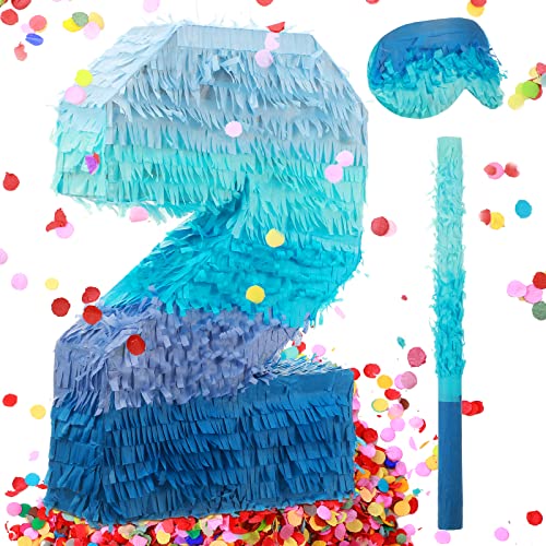 Number 2 Pinata with Stick Blindfold Confetti, Gradient Blue Pinata for Kids 2nd Birthday Party Large Blue Pinata for Boys Girls Birthday Anniversary Celebration Decoration Supplies (Number 2)