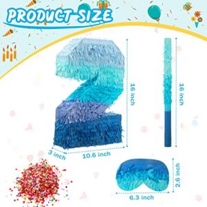 Number 2 Pinata with Stick Blindfold Confetti, Gradient Blue Pinata for Kids 2nd Birthday Party Large Blue Pinata for Boys Girls Birthday Anniversary Celebration Decoration Supplies (Number 2)