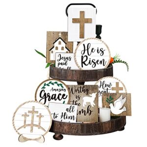 10 pcs easter tiered tray decor set easter table wooden sign decorations he is risen tiered tray decor cross crucifix tabletop decor rustic tiered tray decor for farmhouse kitchen home party decor