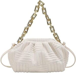 hdhtb dumpling handbag cloud shape shoulder bag casual clutch purse pouch with chunky chain jacquard velvet crossbody dupe (white)