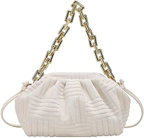 HDHTB Dumpling handbag cloud shape shoulder bag casual clutch purse pouch with chunky chain Jacquard velvet crossbody dupe (white)